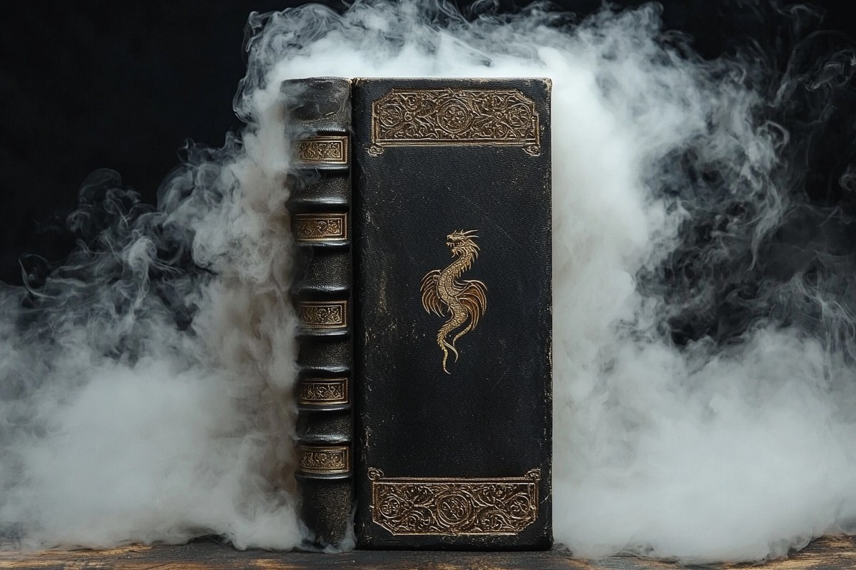 The Codex: a smoke-wreathed black book with a gold drake seal on the cover.