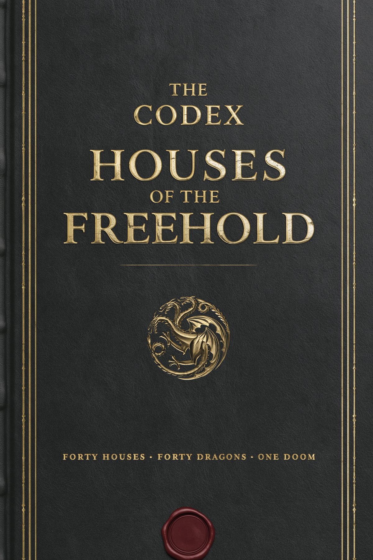 The Codex: a black leather-bound book with a gold drake seal and smoke curling at its edges.